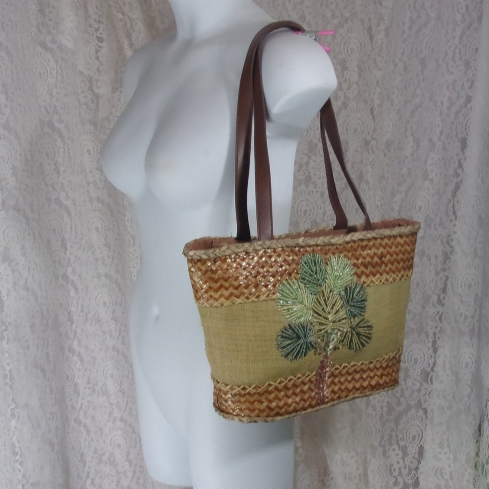 Cappelli Straworld Vegan Straw Handbag Green Bling Beading NWOT